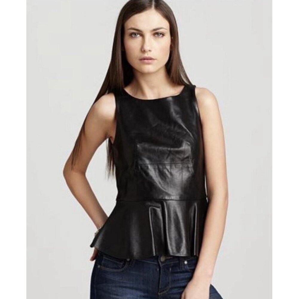 Amanda Uprichard Black Leather Peplum Top Women’s S Sleeveless Zip Back